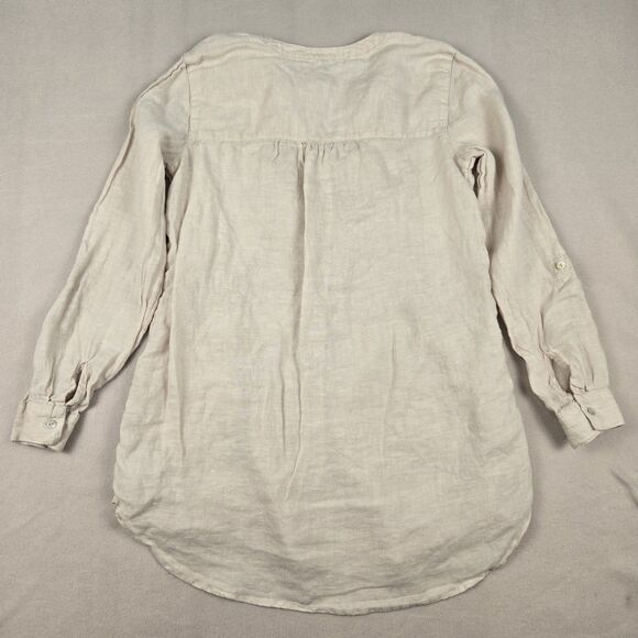 Sigrid Olsen 100% Linen Women's Small Button Front Blouse Tunic Beige 2 Pockets - Picture 2 of 8